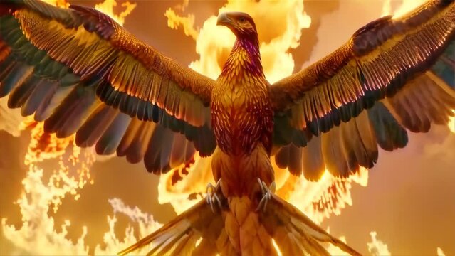 A digitally rendered phoenix spreads its massive wings against a backdrop of intense flames and smoke, symbolizing rebirth and power.