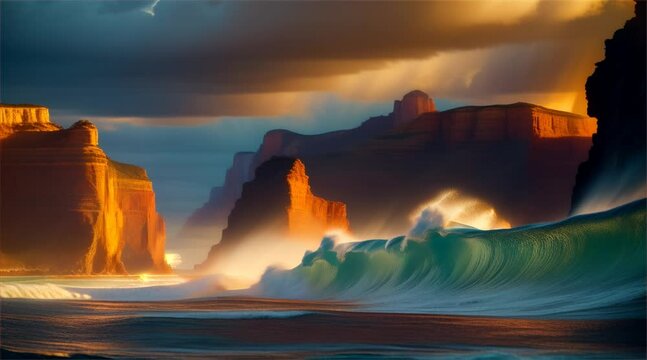 Fiery Nature's Embrace: A captivating landscape where the sun ignites the desert, sky, and sea, painting the world in hues of orange and red under the breathtaking canvas of a sunrise