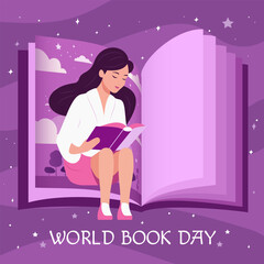 World Book Day. A girl reads a fantasy book against the background of a large book. Flat vector illustration