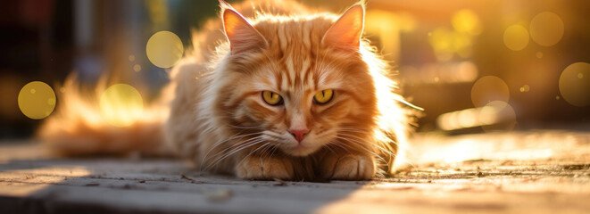 Fluffy ginger cat basking in golden sunlight. Relaxing Sunny Day - obrazy, fototapety, plakaty
