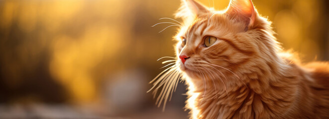 Fluffy ginger cat basking in golden sunlight. Relaxing Sunny Day - obrazy, fototapety, plakaty