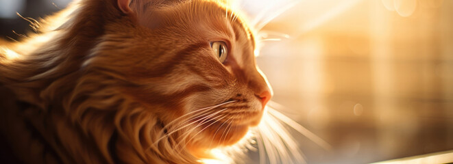 Fluffy ginger cat basking in golden sunlight. Relaxing Sunny Day - obrazy, fototapety, plakaty