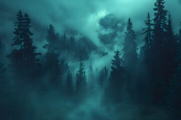 Fototapeta na wymiar Misty Forest Filled With Dense Trees