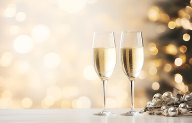 champagne flutes on white holiday table decor with bokeh backgro
