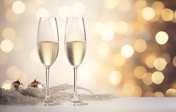 champagne flutes on white holiday table decor with bokeh backgro