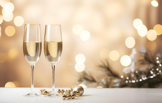champagne flutes on white holiday table decor with bokeh backgro