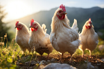 Fototapeta premium Portrait of chickens on a green grass meadow in mountains, bright sunny day, on a ranch in the village, rural surroundings on the background of spring nature