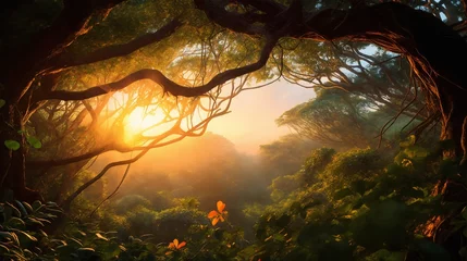 Fototapeten beautiful summer landscape at sunset, an old big tree in the forest, sunlight shines through with twisting branches, a glade with flowers, beautiful nature © soleg