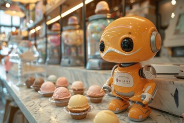 Cute robot makes and sells ice cream