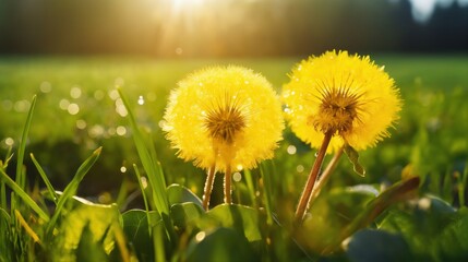 a beautiful summer landscape with dandelions and grass in a field at sunset, sunlight and beautiful nature