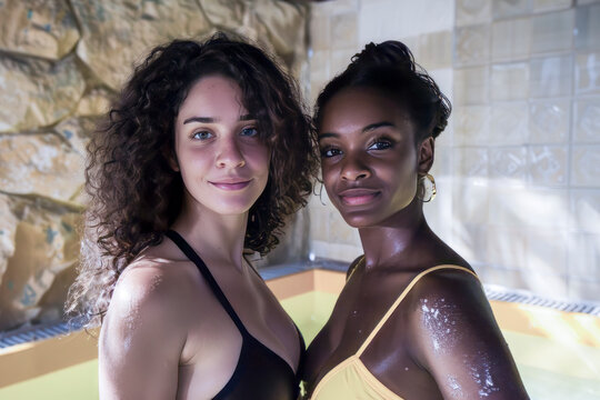 Two women are posing for a picture in a pool. One is wearing a black top and the other is wearing a yellow top