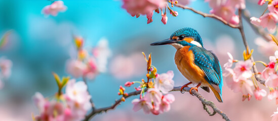 Blue Sky, Pink Blossoms, and a Regal Kingfisher: Nature's Perfection,generated by IA