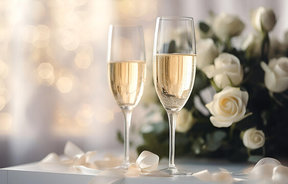 champagne flutes and white roses on white holiday table decor wi