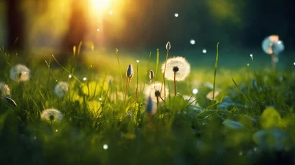 Fotobehang a beautiful summer landscape with dandelions and grass in a forest glade at sunset, sunlight and beautiful nature © soleg