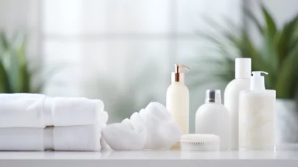 Fotobehang Towels and ceramics shampoo or soap on top marble table in bathroom background Bath-time Elegance. Luxurious Towels, Blooming Beauty, and handy dispenser Spa products on white table in bathroom  © Muhammad