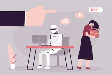 Dismissal concept, staff reduction. Boss replacing female employee on robot. Worker woman leaving office with stuff in box. High efficiency, automation, futuristic technologies