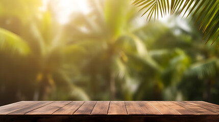 Perspective wood and bokeh light background  empty wooden table top with blur background of  rain forest with summer palm tree