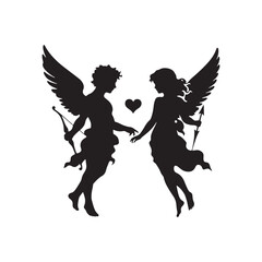 Fototapeta premium Silhouette of Cupid Couple: Romantic Lovebirds Embracing in Affectionate Embrace, cupid couple vector stock.