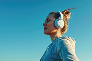 Caucasian sportswoman enjoying music during outdoor workout. - Powered by Adobe
