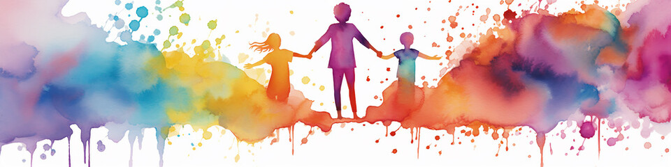 watercolor spots of freedom multi colored ink on a white background, silhouette of  group people, idea creativity, long narrow panoramic view - obrazy, fototapety, plakaty