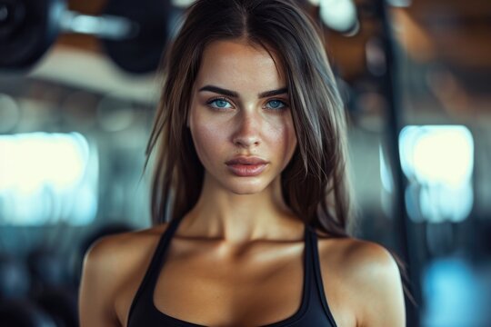 Close up image of attractive fit woman in gym