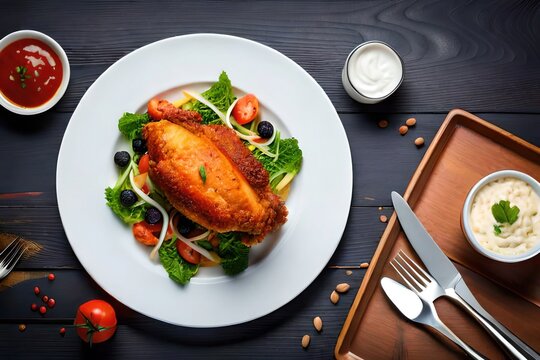 Fresh piece of crispy fried chicken with salads & sauces on the plate restaurant decoration.