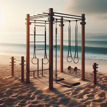 calisthenics ,calisthenics equipment set up on a sandy beach, featuring pull-up bars, parallel bars, and gymnastic rings against the backdrop of the ocean