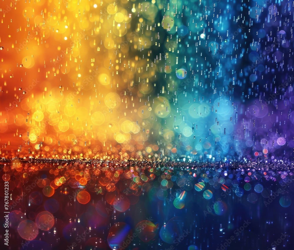 Poster abstract colorful bokeh lights in raindrop texture - raindrops on a window create an array of rainbo