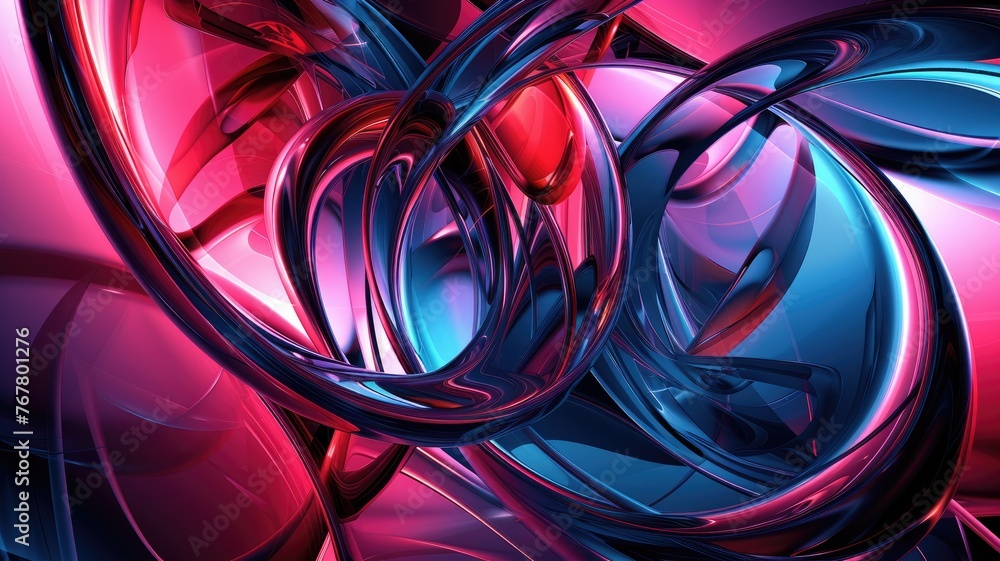 Poster abstract swirling forms in red and blue - a dynamic 3d rendering of intertwining forms in vivid red 