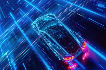 Car wireframe amidst bright neon lines - Conceptual 3D render of a car wireframe highlighting design and aerodynamics surrounded by vibrant neon lighting - obrazy, fototapety, plakaty