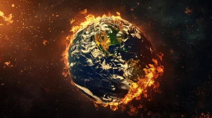 Fotobehang Burning earth global warming concept illustration - A powerful representation of planet Earth on fire, symbolizing the urgent issue of global warming and climate change © Tida