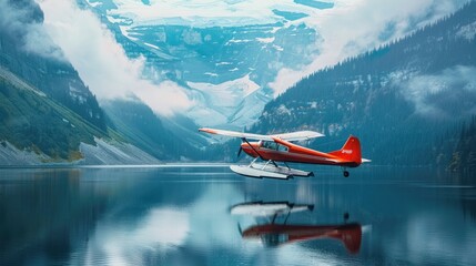 A seaplane or dragonfly plane is flying over the mountains - Powered by Adobe