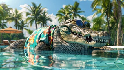 Chic crocodile with sunglasses swimming in pool - An elegantly stylish crocodile floats in a serene pool, wearing sunglasses and a vibrant Hawaiian shirt - obrazy, fototapety, plakaty