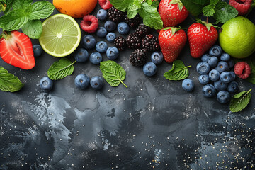 Healthy fresh fruits, strawberry, currant, lemon, raspberry, blueberry and orange, top view, copy...