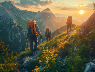 Fototapeta premium Trekking Adventure at Sunset in Mountains . Group of hikers on a mountain trail at sunrise, using eco-friendly gear, surrounded by panoramic views of untouched wilderness. 