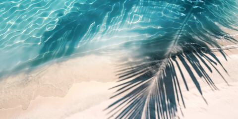 Top view of tropical leaf shadow on on white sand beach and water surface.  Abstract concept banner...