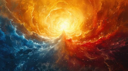 Cosmic fire vortex with cool blue edges - This artwork depicts a cosmic vortex where swirling fire meets a tranquil blue, representing a fusion of heat and calm - obrazy, fototapety, plakaty