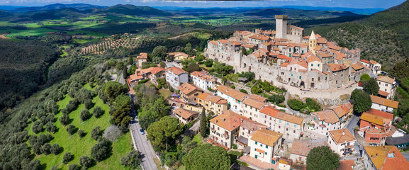Italy travel and landmarks. Capalbio - charming small traditional top hill village (borgo) in Tuscany. Grosetto province. considered one of the most beautiful villages of Italy. aerial paniramic view - 767801835