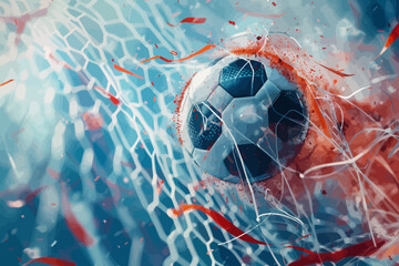 a soccer ball in a net with red streamers