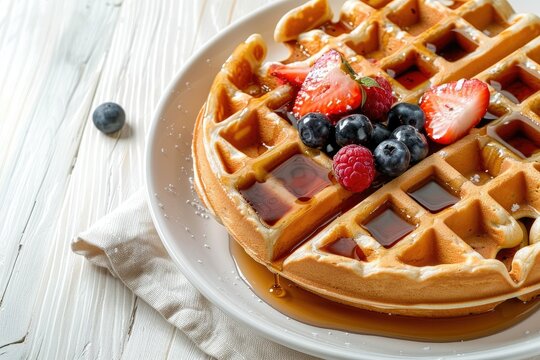 Delicious waffles topped with fresh berries - A high-resolution close-up image of a freshly-made, golden waffle topped with juicy strawberries, blueberries, and drizzled with maple syrup