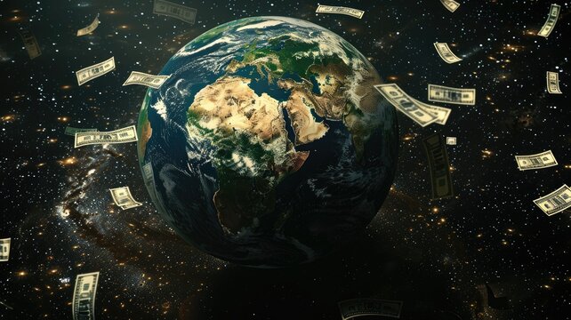 Earth surrounded by floating dollar bills - A conceptual image depicting Earth in space surrounded by countless floating dollar bills signifying global wealth