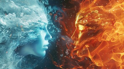 Fiery face clashing with cool blue water - An artistic representation of a fiery face meeting a calm blue water surface symbolizing the clash of opposites