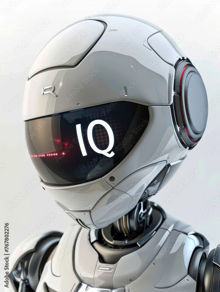 Poster futuristic robot with 'iq' on the visor - a sleek futuristic robot head portraying intelligence and 