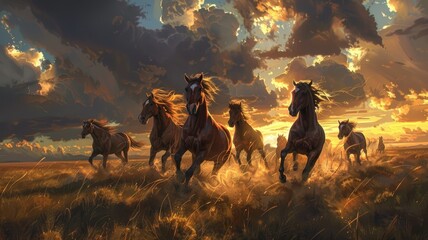 Gallop of wild horses at sunset in open field - Breathtaking image of a herd of wild horses running freely across an open field against a dramatic sunset backdrop - obrazy, fototapety, plakaty