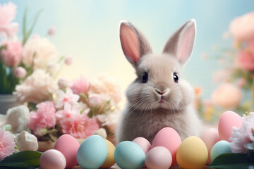 Naklejka na ściany i meble Easter eggs, flowers and bunny on pastel background