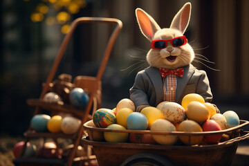 Eastar bunny delivering Easter eggs. - 767802433