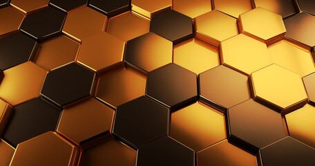 Golden hexagon cell tiling on the luxury decoration interior Gold metal honeycomb - obrazy, fototapety, plakaty