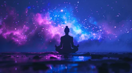 Fototapeten A 3D-rendered figure in deep meditation, surrounded by a breathtakingly realistic galaxy, where every star and planet adds to the serenity © weerasak