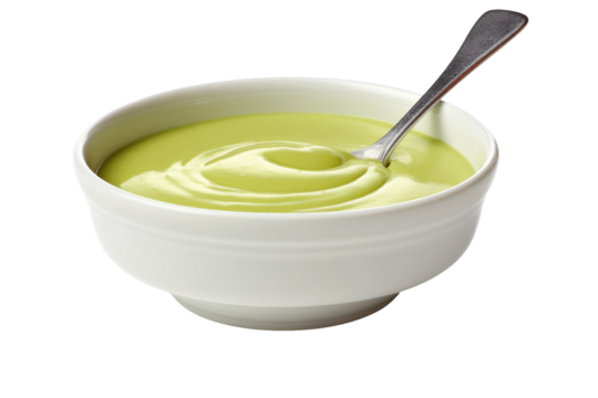 A Verdant Delight: Bowl of Green Soup With a Spoon. On a White or Clear Surface PNG Transparent Background.