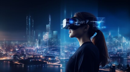 Woman with glasses of virtual reality. Future technology concept - obrazy, fototapety, plakaty